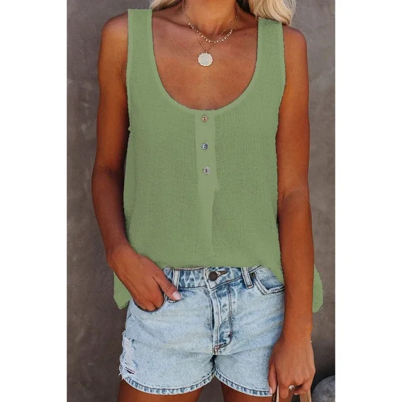 Boho Green Button Textured Tank Top - Picture 8 of 11